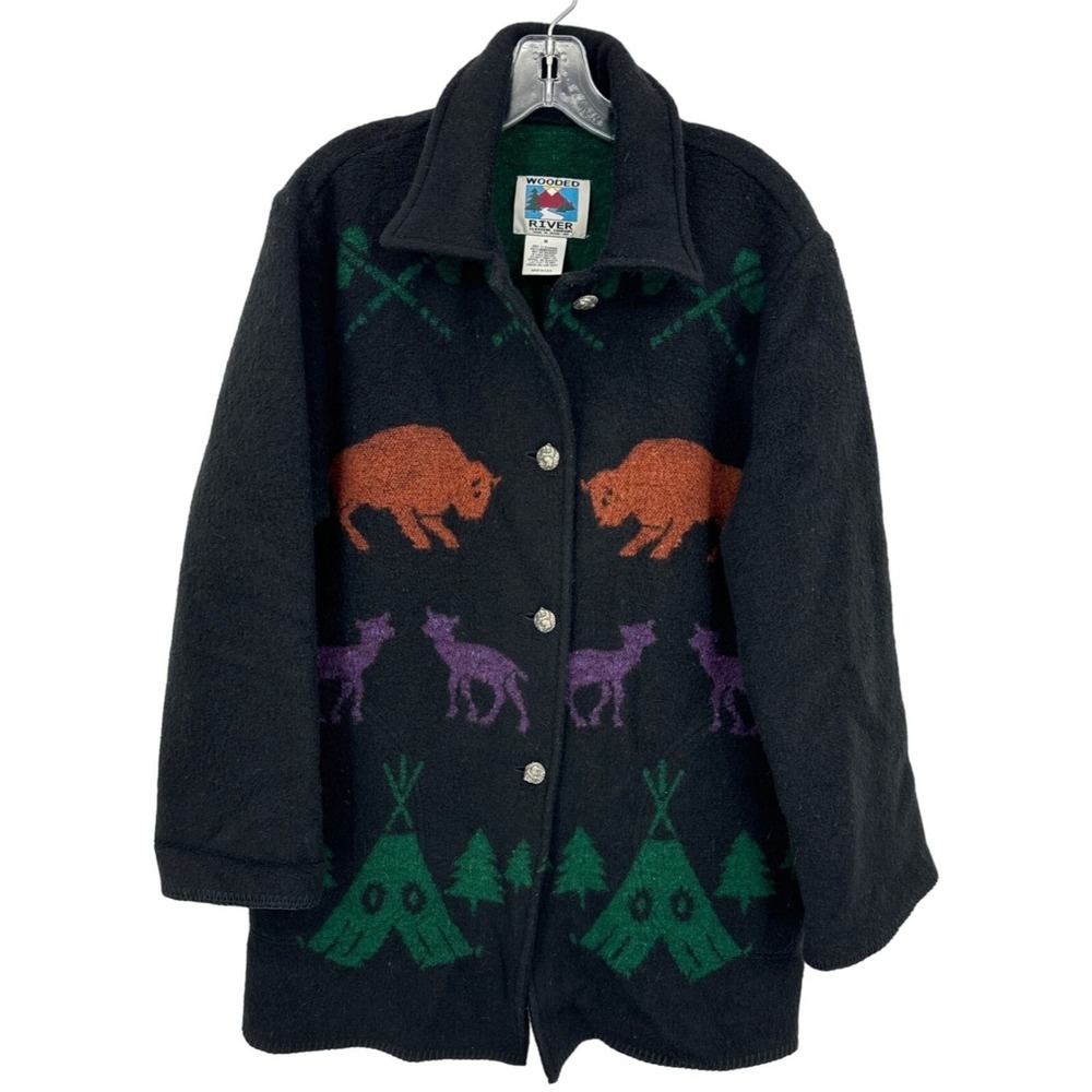 Vintage‎ Wooded River Coat Womens Medium Wool Western Cowboy Tribal Southwestern